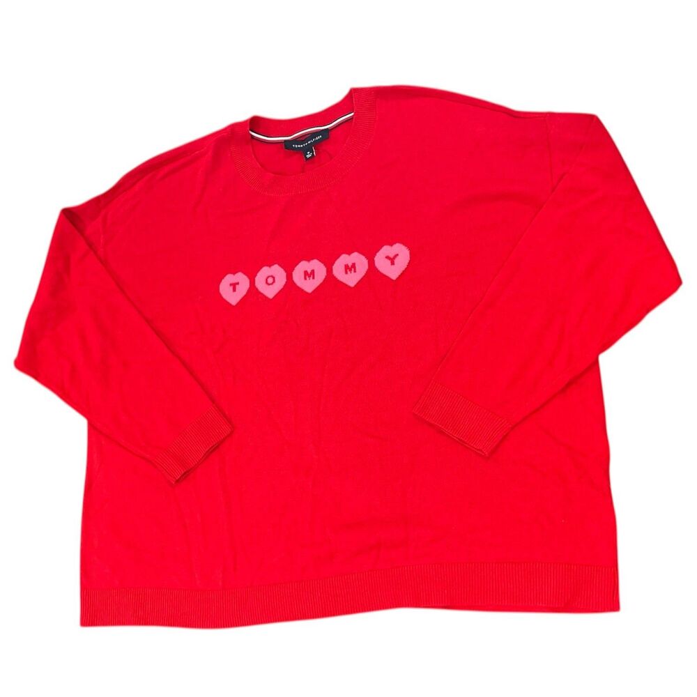Tommy Hilfiger Womens' Red Crewneck Heart Printed Pullover‎ Sweater Plus Size 1X